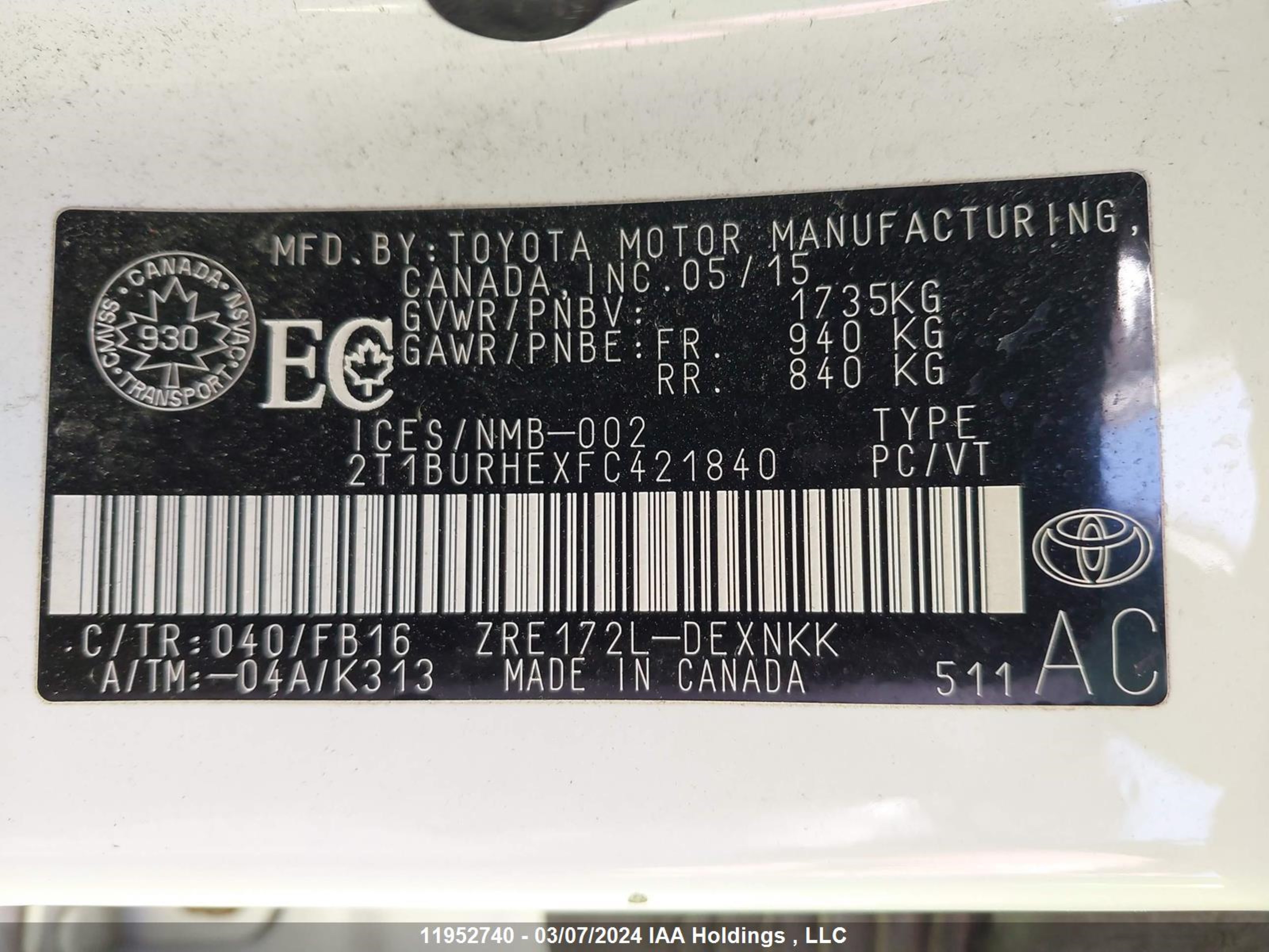 Photo 8 VIN: 2T1BURHEXFC421840 - TOYOTA COROLLA 