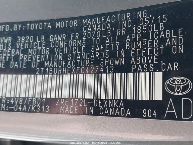 Photo 8 VIN: 2T1BURHEXFC427413 - TOYOTA COROLLA 