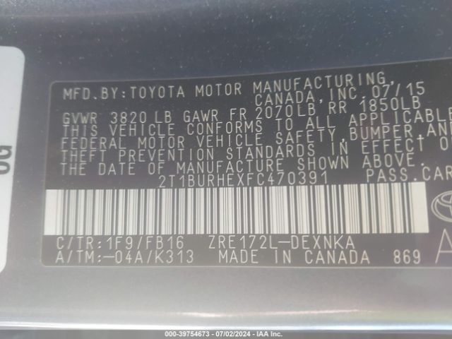 Photo 8 VIN: 2T1BURHEXFC470391 - TOYOTA COROLLA 