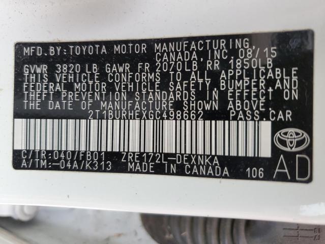 Photo 12 VIN: 2T1BURHEXGC498662 - TOYOTA COROLLA L 