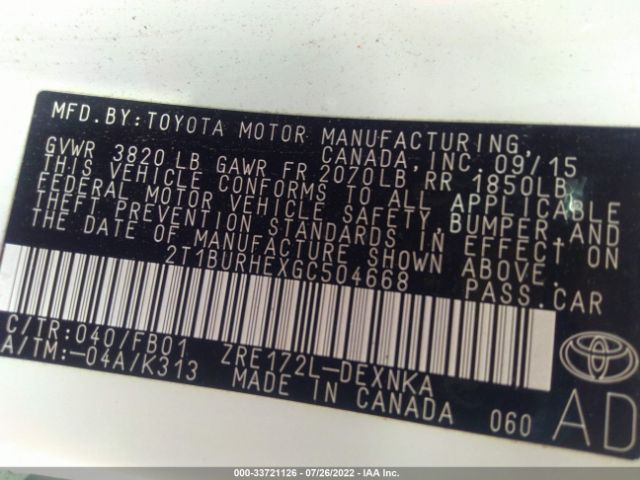 Photo 8 VIN: 2T1BURHEXGC504668 - TOYOTA COROLLA 