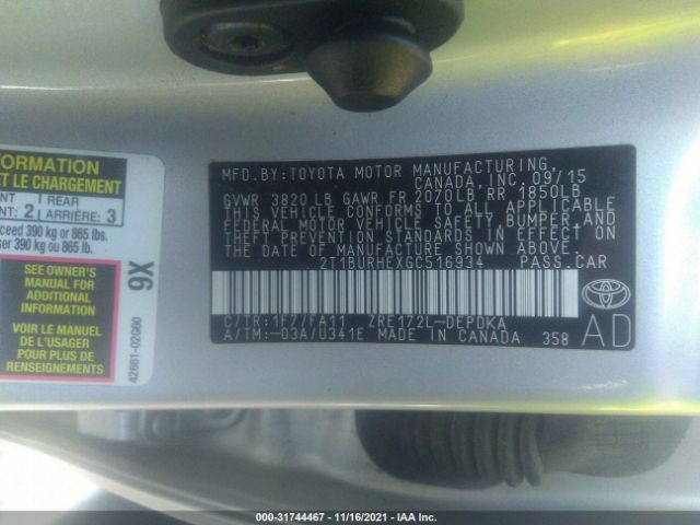 Photo 8 VIN: 2T1BURHEXGC516934 - TOYOTA COROLLA 