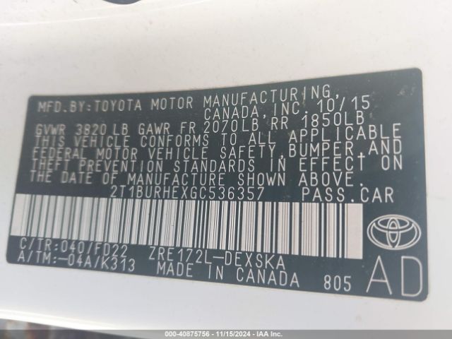 Photo 8 VIN: 2T1BURHEXGC536357 - TOYOTA COROLLA 