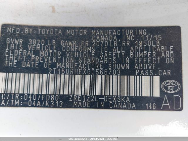 Photo 8 VIN: 2T1BURHEXGC566703 - TOYOTA COROLLA 