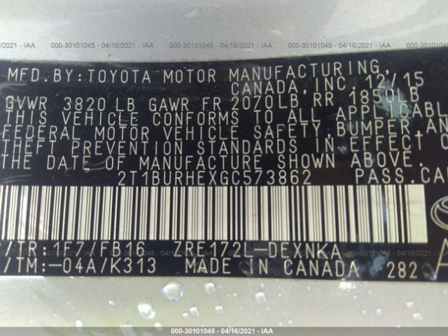 Photo 8 VIN: 2T1BURHEXGC573862 - TOYOTA COROLLA 