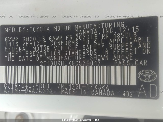 Photo 8 VIN: 2T1BURHEXGC576017 - TOYOTA COROLLA 