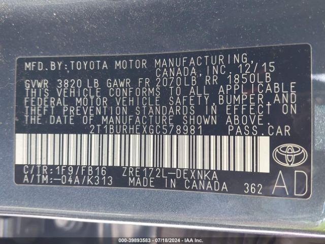 Photo 8 VIN: 2T1BURHEXGC578981 - TOYOTA COROLLA 