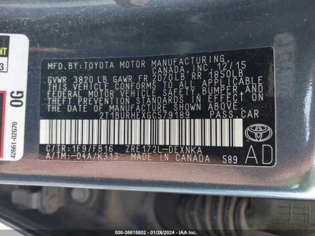 Photo 8 VIN: 2T1BURHEXGC579189 - TOYOTA COROLLA 