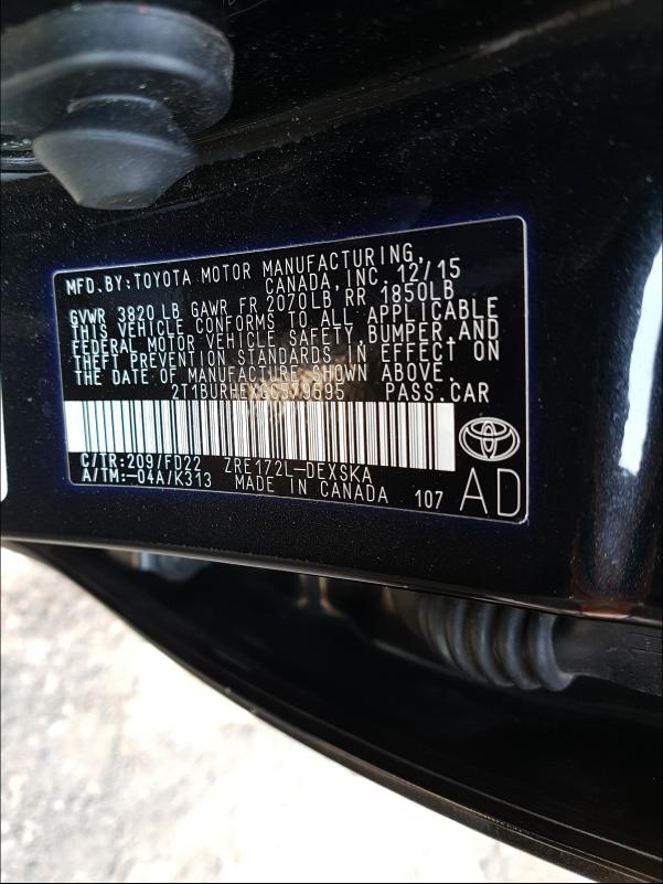 Photo 9 VIN: 2T1BURHEXGC579595 - TOYOTA COROLLA L 