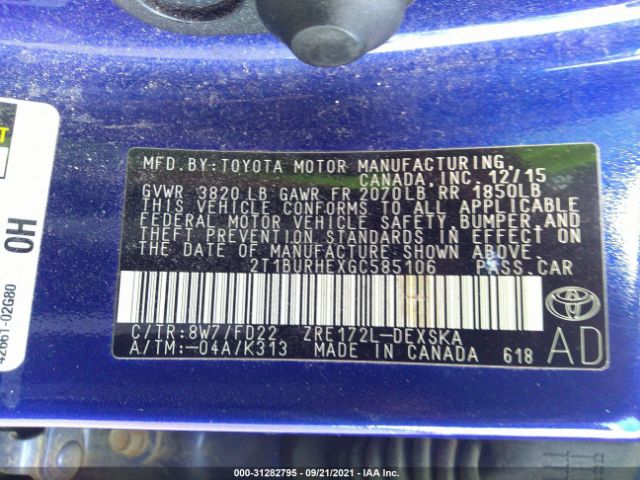 Photo 8 VIN: 2T1BURHEXGC585106 - TOYOTA COROLLA 