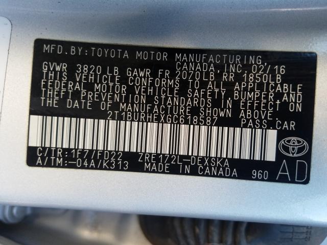 Photo 9 VIN: 2T1BURHEXGC618587 - TOYOTA COROLLA L 