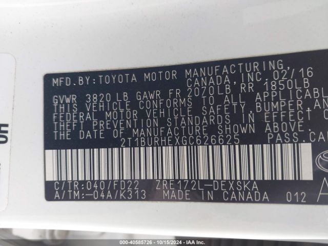 Photo 8 VIN: 2T1BURHEXGC626625 - TOYOTA COROLLA 