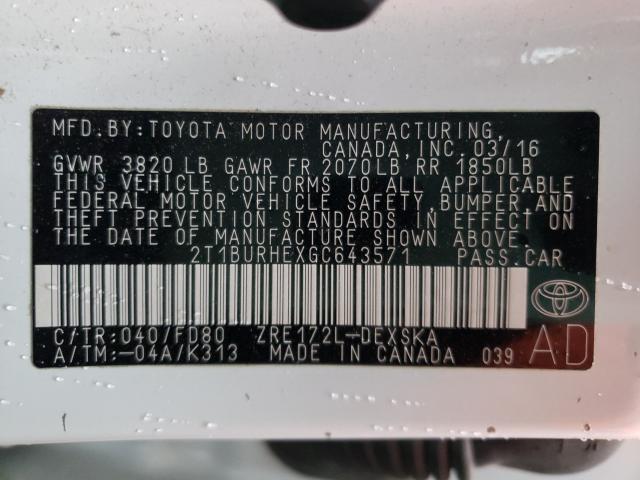 Photo 9 VIN: 2T1BURHEXGC643571 - TOYOTA COROLLA L 