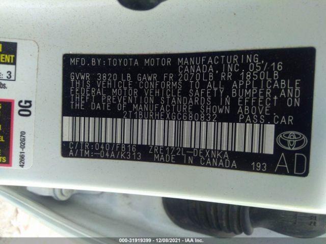 Photo 8 VIN: 2T1BURHEXGC680832 - TOYOTA COROLLA 