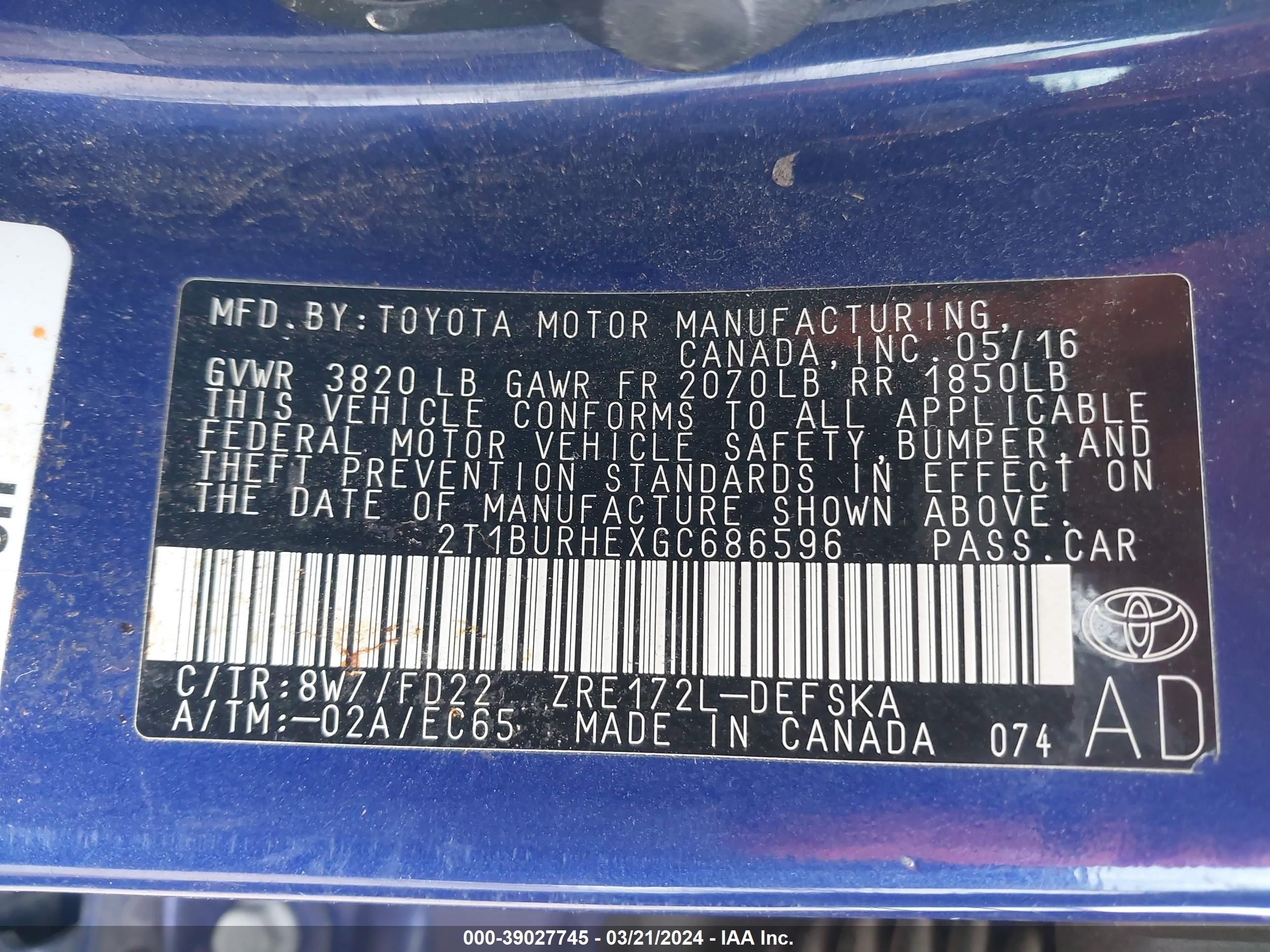 Photo 8 VIN: 2T1BURHEXGC686596 - TOYOTA COROLLA 