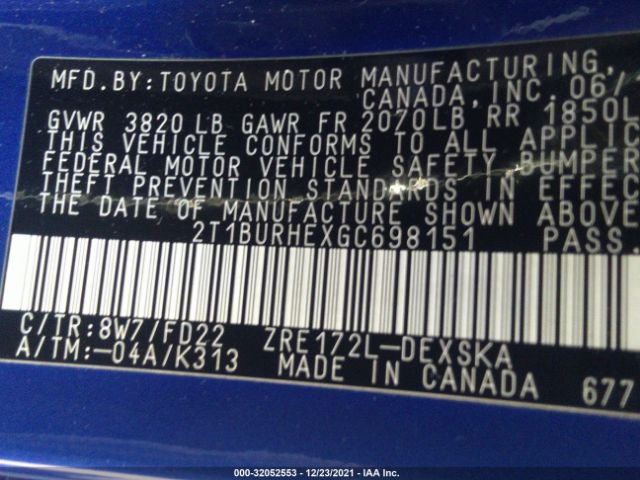 Photo 8 VIN: 2T1BURHEXGC698151 - TOYOTA COROLLA 