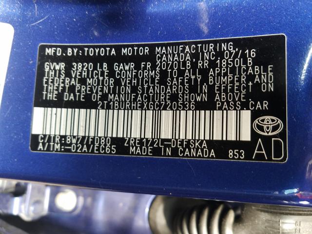 Photo 9 VIN: 2T1BURHEXGC720536 - TOYOTA COROLLA L 