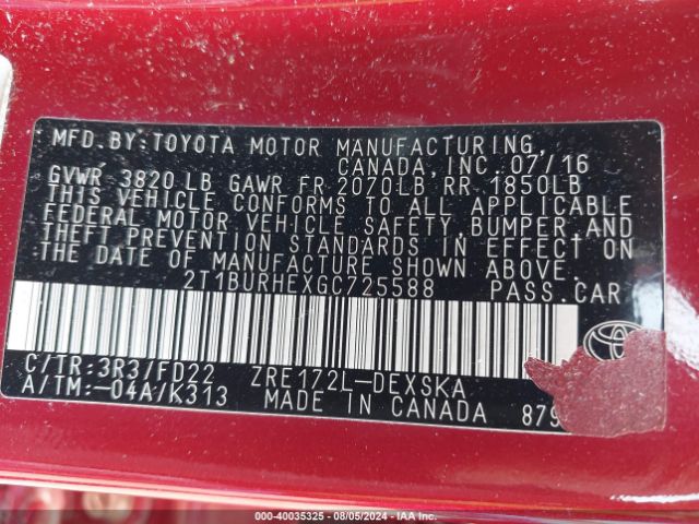 Photo 8 VIN: 2T1BURHEXGC725588 - TOYOTA COROLLA 