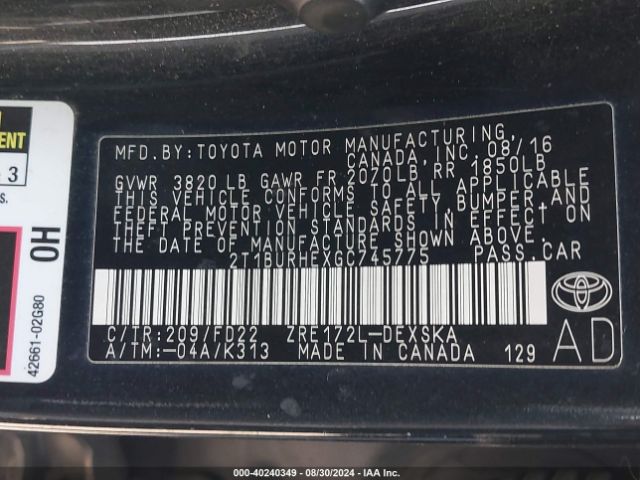 Photo 8 VIN: 2T1BURHEXGC745775 - TOYOTA COROLLA 