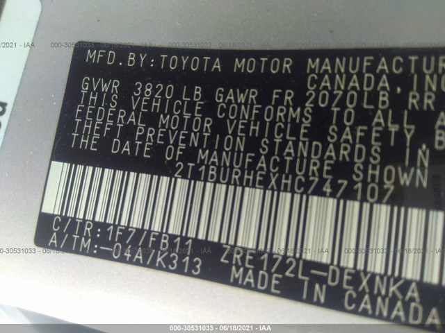 Photo 8 VIN: 2T1BURHEXHC747107 - TOYOTA COROLLA 