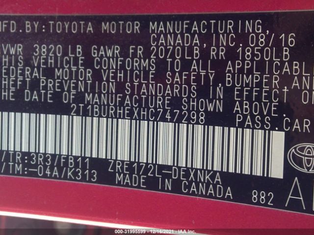 Photo 8 VIN: 2T1BURHEXHC747298 - TOYOTA COROLLA 