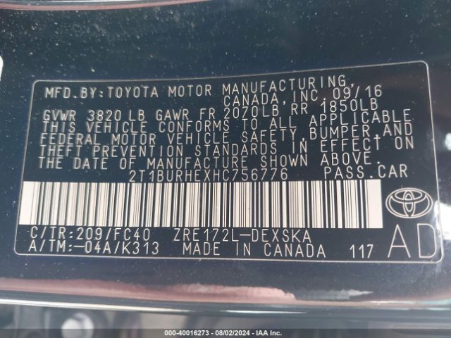 Photo 8 VIN: 2T1BURHEXHC756776 - TOYOTA COROLLA 