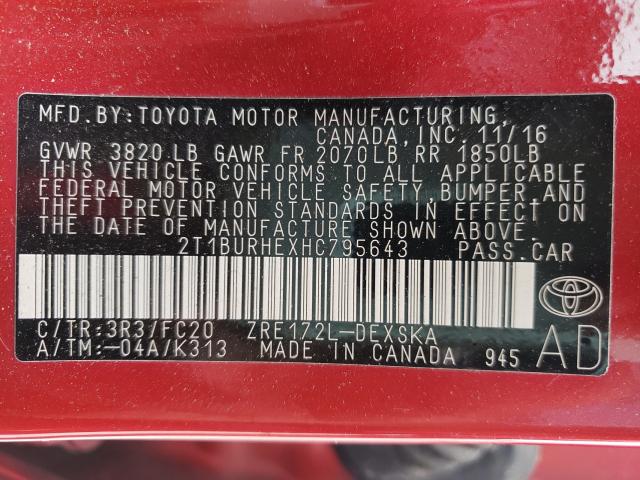 Photo 9 VIN: 2T1BURHEXHC795643 - TOYOTA COROLLA L 