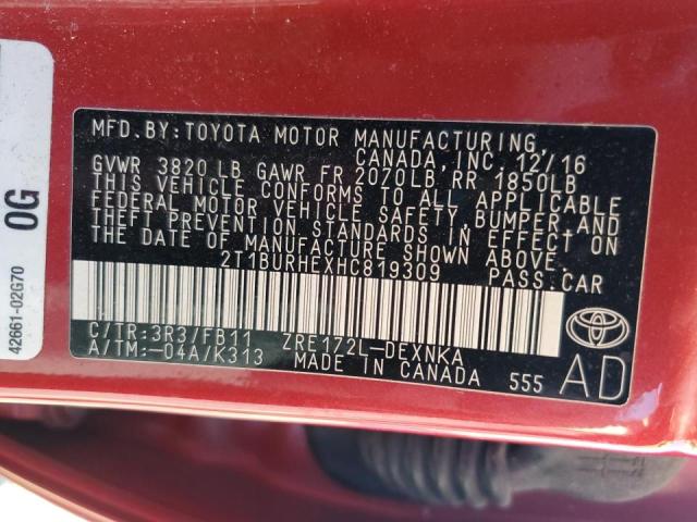 Photo 12 VIN: 2T1BURHEXHC819309 - TOYOTA COROLLA L 