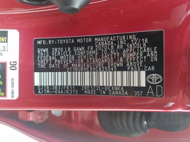 Photo 9 VIN: 2T1BURHEXHC825045 - TOYOTA COROLLA L 