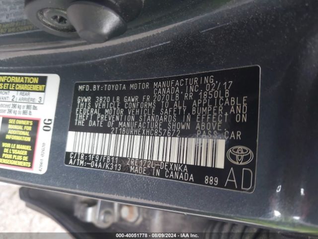 Photo 8 VIN: 2T1BURHEXHC857672 - TOYOTA COROLLA 