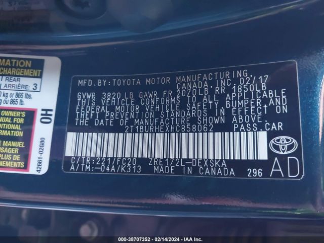 Photo 8 VIN: 2T1BURHEXHC858062 - TOYOTA COROLLA 