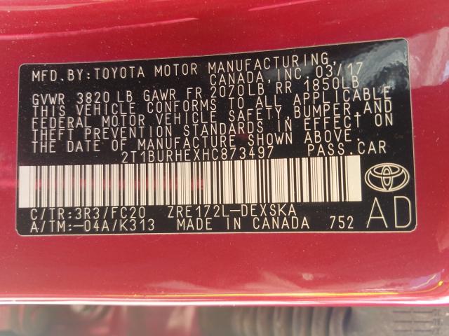 Photo 9 VIN: 2T1BURHEXHC873497 - TOYOTA COROLLA L 