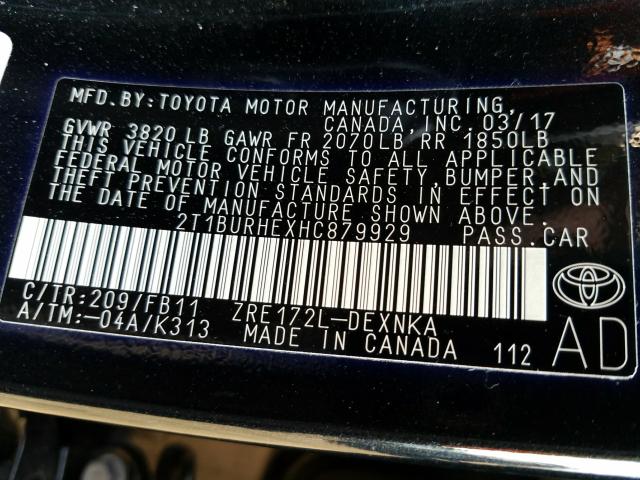 Photo 9 VIN: 2T1BURHEXHC879929 - TOYOTA COROLLA L 