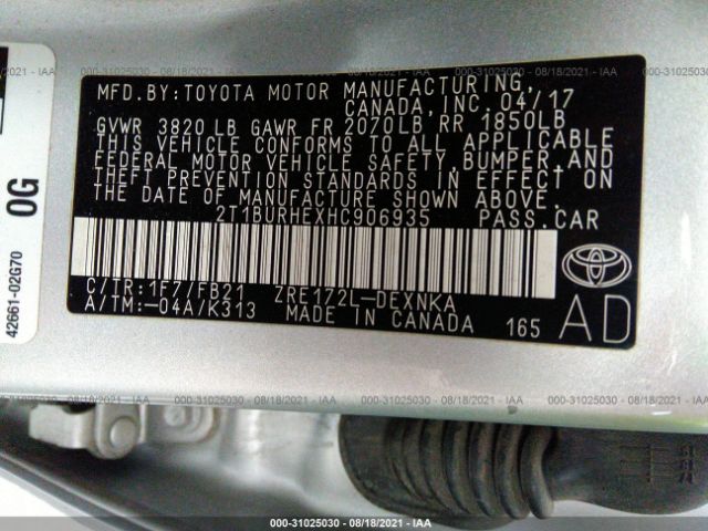 Photo 8 VIN: 2T1BURHEXHC906935 - TOYOTA COROLLA 