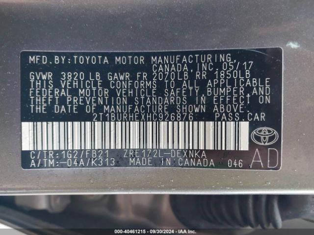 Photo 8 VIN: 2T1BURHEXHC926876 - TOYOTA COROLLA 