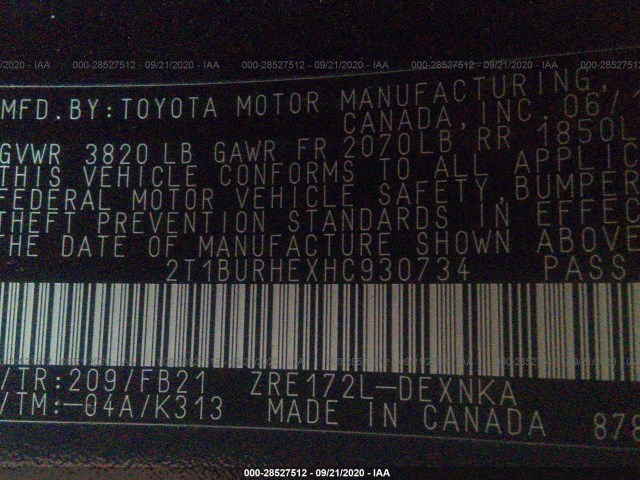 Photo 8 VIN: 2T1BURHEXHC930734 - TOYOTA COROLLA 