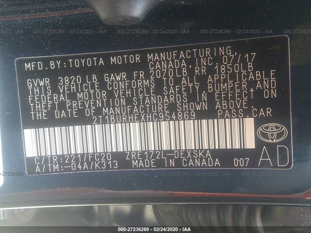 Photo 8 VIN: 2T1BURHEXHC954869 - TOYOTA COROLLA 