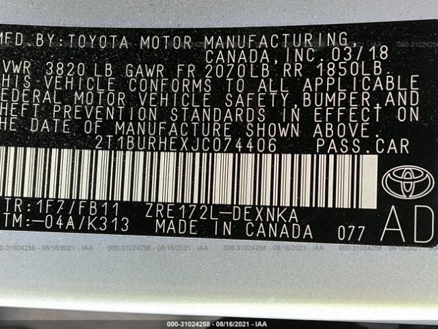 Photo 8 VIN: 2T1BURHEXJC074406 - TOYOTA COROLLA 