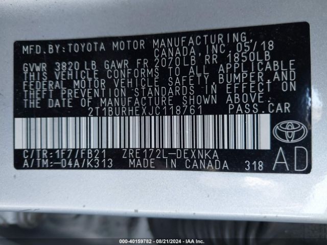 Photo 8 VIN: 2T1BURHEXJC118761 - TOYOTA COROLLA 