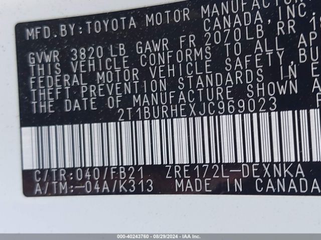 Photo 8 VIN: 2T1BURHEXJC969023 - TOYOTA COROLLA 