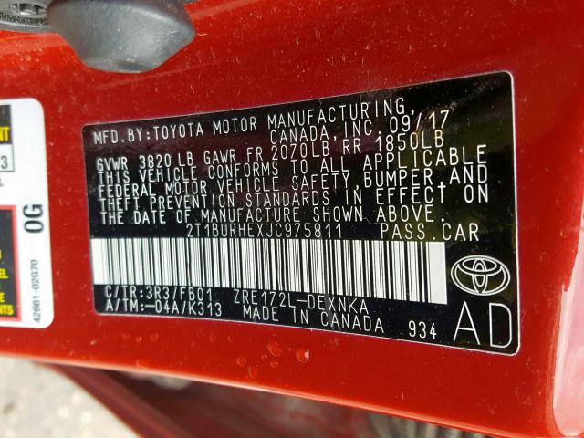 Photo 9 VIN: 2T1BURHEXJC975811 - TOYOTA COROLLA L 