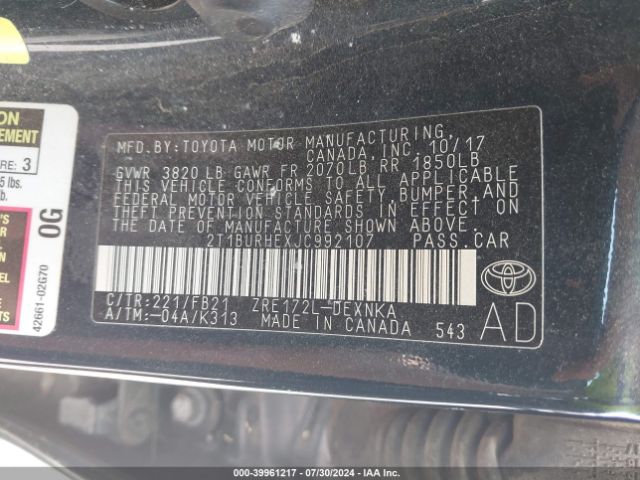 Photo 8 VIN: 2T1BURHEXJC992107 - TOYOTA COROLLA 