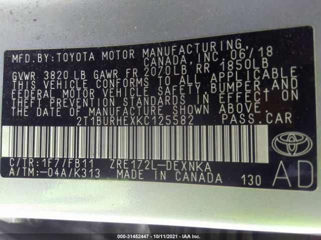 Photo 8 VIN: 2T1BURHEXKC125582 - TOYOTA COROLLA 