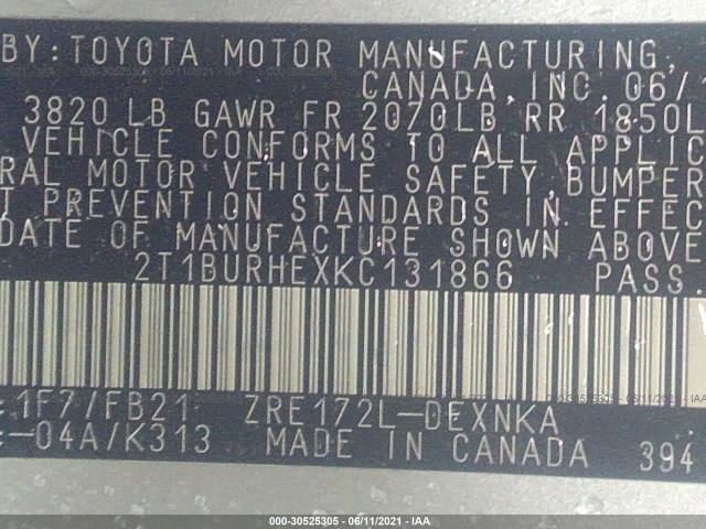 Photo 8 VIN: 2T1BURHEXKC131866 - TOYOTA COROLLA 