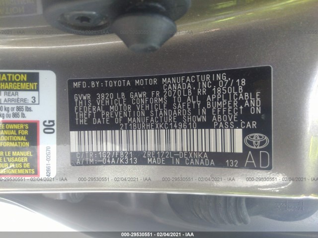 Photo 8 VIN: 2T1BURHEXKC149610 - TOYOTA COROLLA 