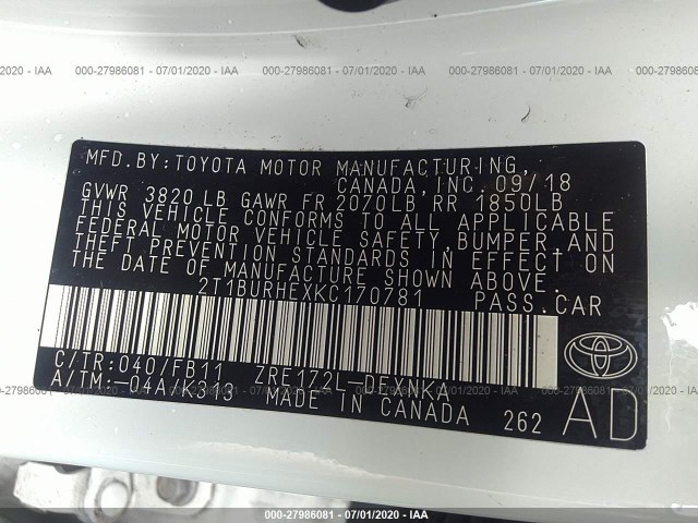 Photo 8 VIN: 2T1BURHEXKC170781 - TOYOTA COROLLA 