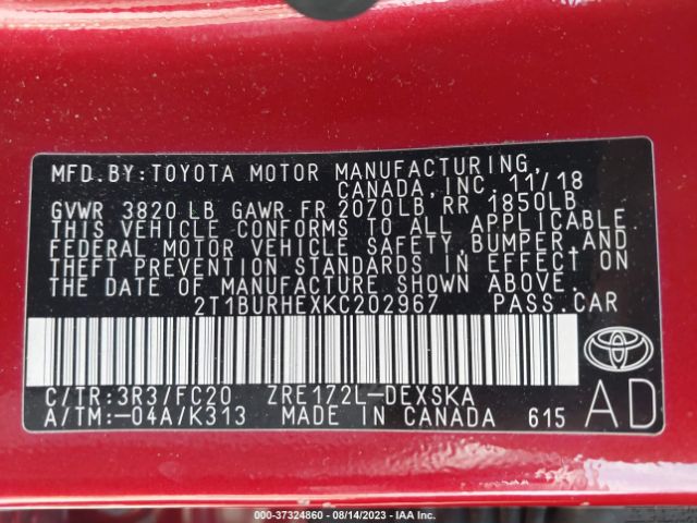 Photo 8 VIN: 2T1BURHEXKC202967 - TOYOTA COROLLA 