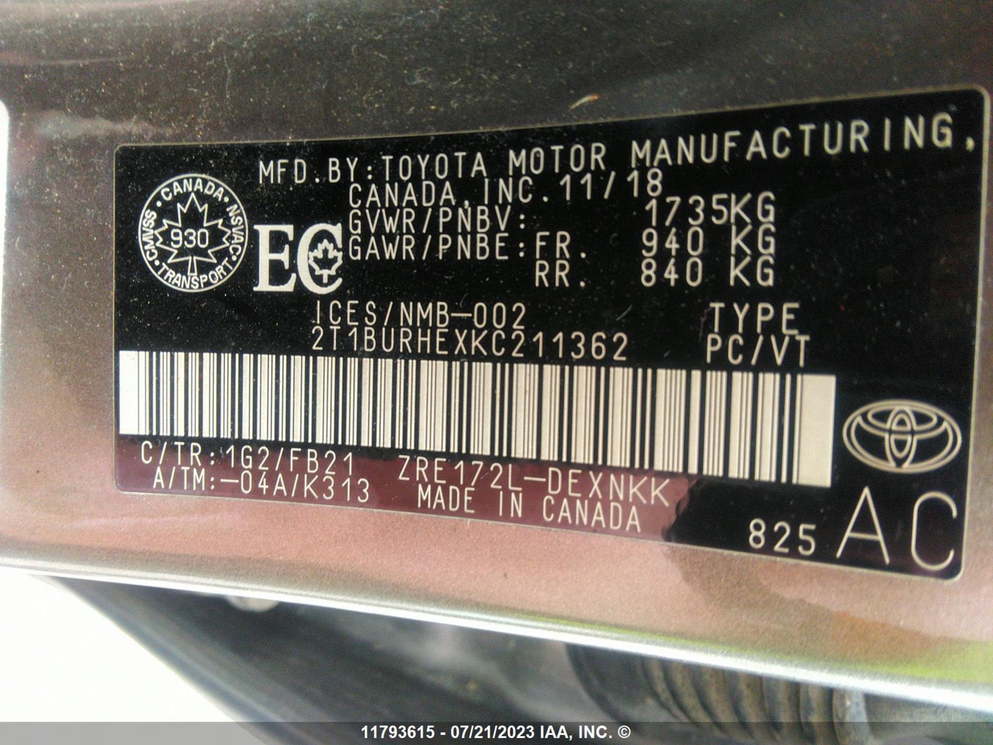 Photo 8 VIN: 2T1BURHEXKC211362 - TOYOTA COROLLA 