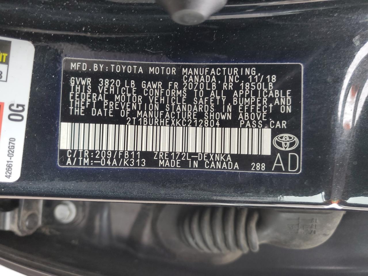 Photo 12 VIN: 2T1BURHEXKC212804 - TOYOTA COROLLA 