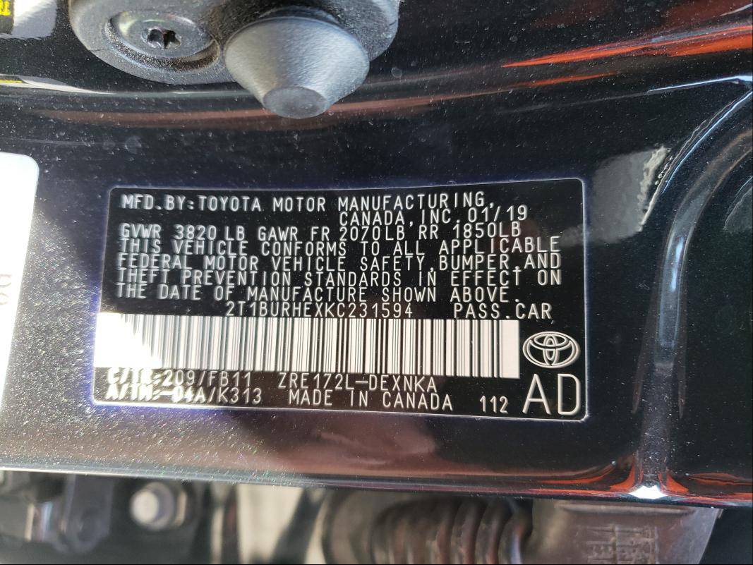 Photo 9 VIN: 2T1BURHEXKC231594 - TOYOTA COROLLA L 